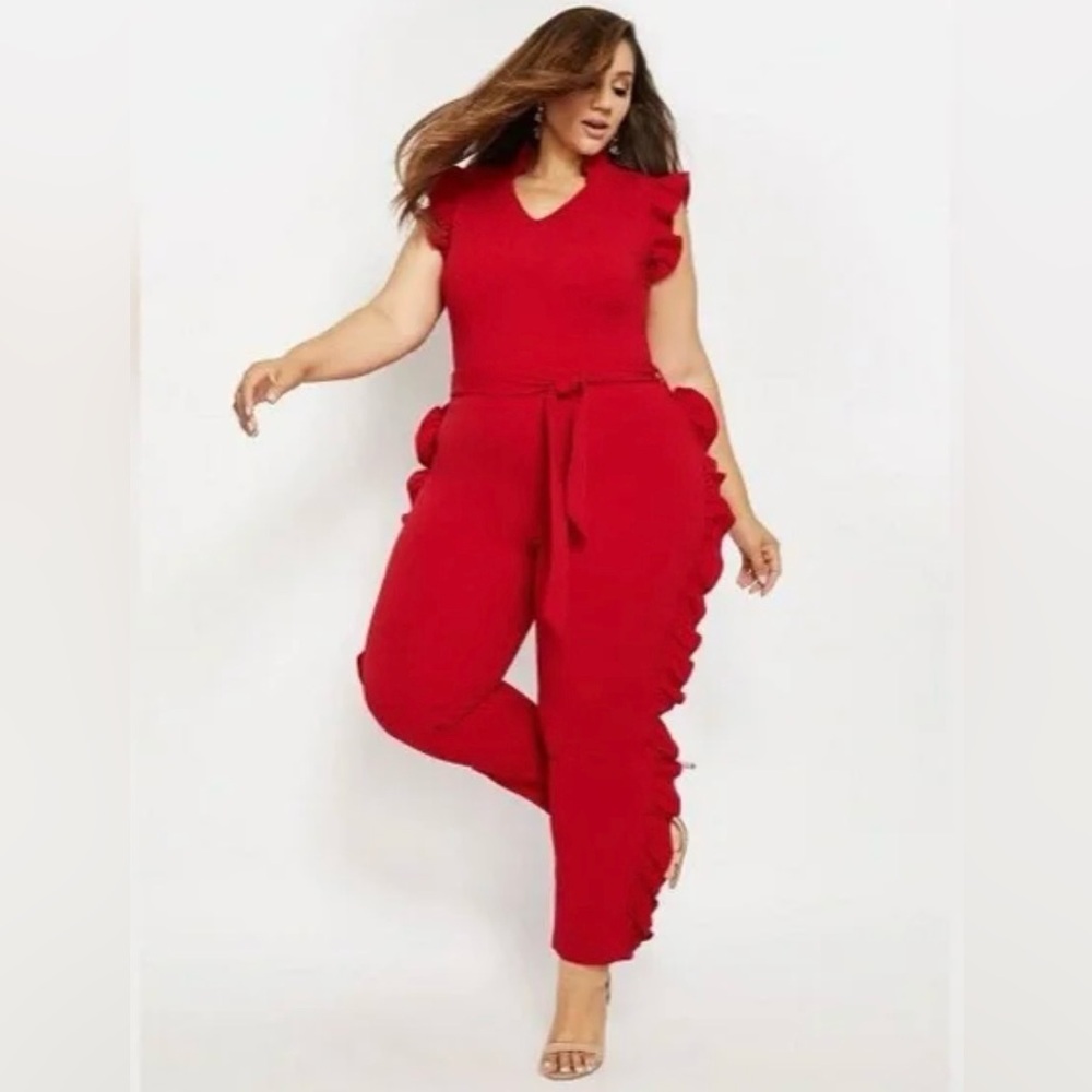 Ashley Stewart Red Ruffle Jumpsuit – Size 12 💃